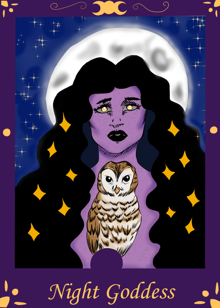 This image features a purple goddess and an owl overtop of a night sky background